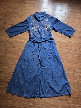 April Cornell Embroidered Chambray A-Line Midi Dress Cottagecore XXS Pockets
